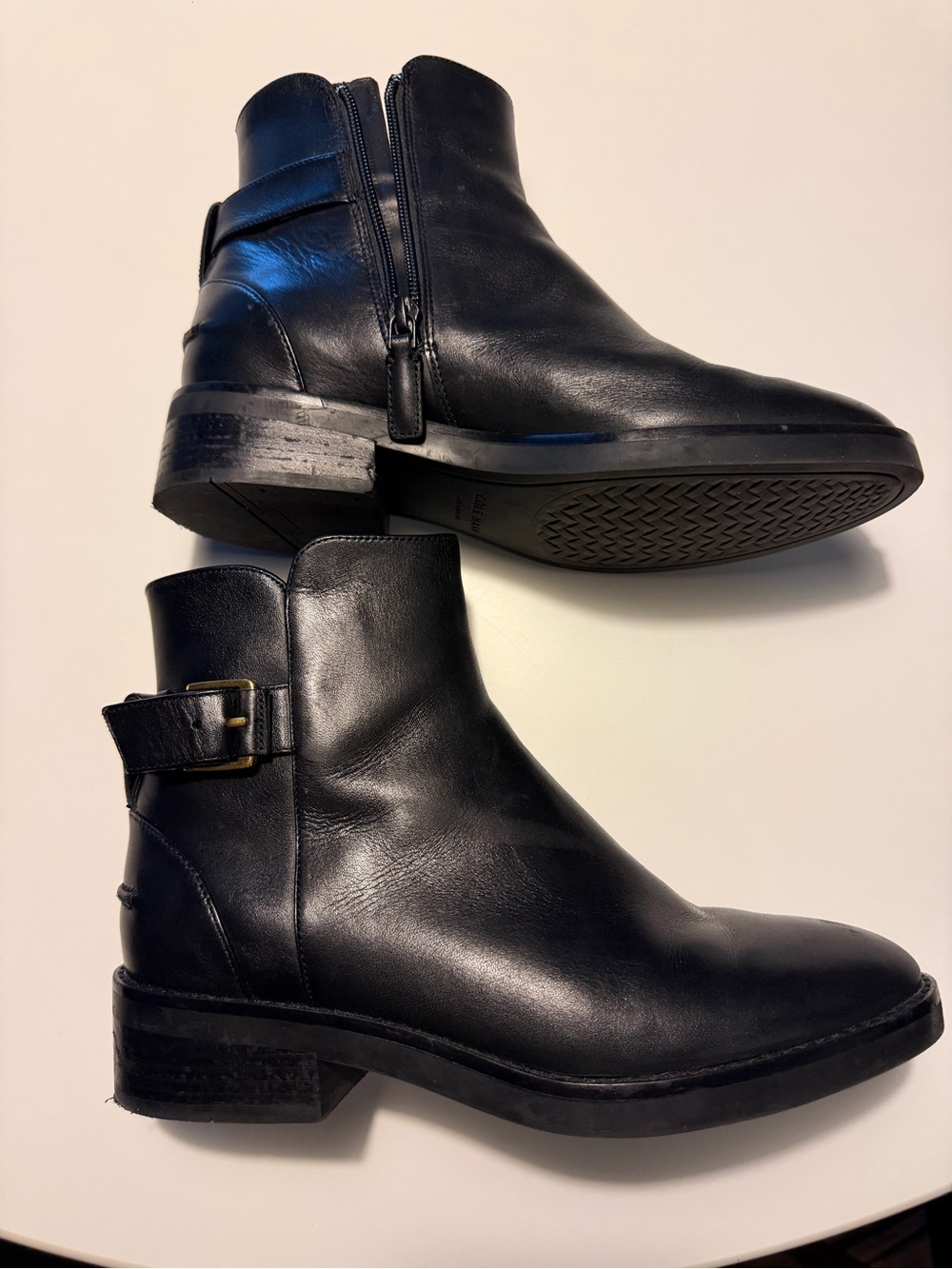 Cole Haan Black Leather Ankle Boots with Side Zip and Buckle